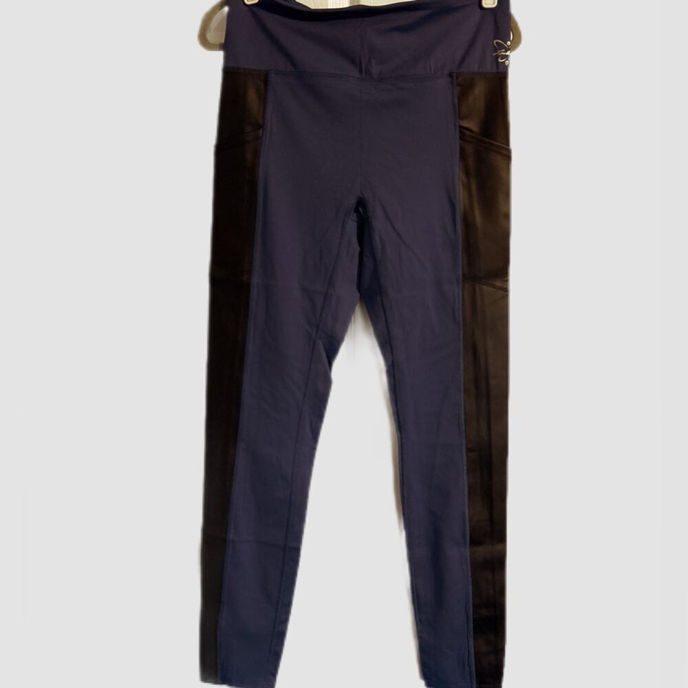 NWT! Laila Ali Sculpted Faux Leather Trim High-Rise Leggings Pockets Size Large - Picture 2 of 9